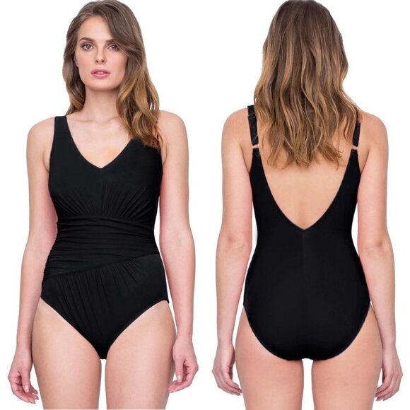 NWT $158 Gottex Vista Black V-Neck Shirred Tummy Control Swimsuit 1 Pc Sz 10 - Picture 1 of 7